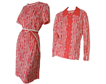 Vintage 1960s Dress and Jacket Salmon Pink Op Art Print Stretch Jersey Size Large