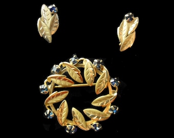 Vintage 1960s Brooch and Earrings Set  1/20 14K Gold Signed DCE Leaf Circle Pin Blue Rhinestone Demi Parure