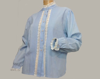 Vintage 1970s Blouse Blue Lacy Tucked Secretary Blouse/ Shirt Victorian Revival