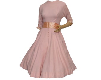 Vintage 1950s Pink Dress Full Circle Skirt Pixie of California Button Trim Wide Sash