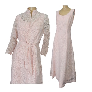 Vintage 1970s Formal Dress and Jacket Pink Lace Maxi 2 Piece Set Wedding Gown