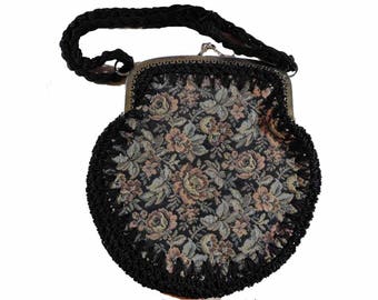 Vintage Italian Tapestry Needlepoint Purse Floral Handbag Evening Bag As Is Made in Italy Black Crochet