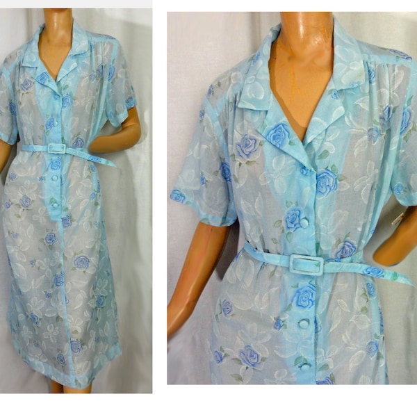 Plus Size Vintage 1960s Shirtwaist Dress Sheer Baby Blue Floral Rose Print British Lady Label NOS Deadstock