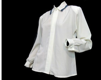 Country Sophisticates by Pendleton Vintage 1980s Secretary Blouse Off White with Black Trim