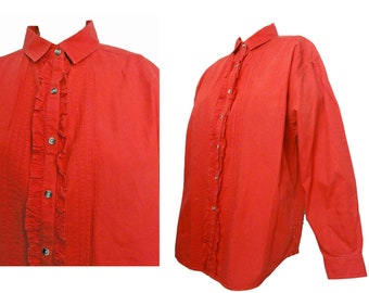 Eddie Bauer Vintage 1980s Blouse Red Cotton Ruffled Tucked Button Front Shirt Size Large