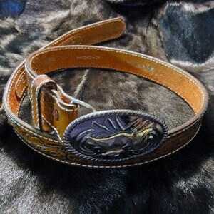 Vintage Nocona Tooled Leather Belt Bull Riding Cowboy Buckle Size 28 Western Style