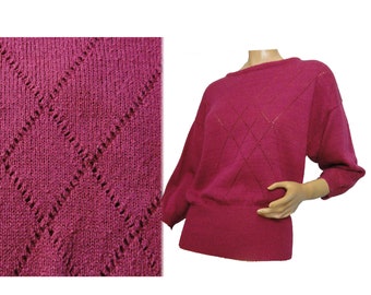 Vintage 1980s Sweater Cropped Pullover Raspberry Pink Purple Made in USA Union Label