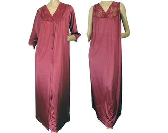 Vintage Nightgown and Robe Set 1970s Negligee Long Peignoir Raspberry Pink Lace Trimmed "Pinehurst"