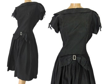 Vintage 1950s Party Dress Black Cocktail Dress Rhinestone and Bow Trim