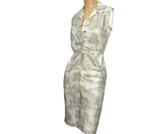 Vintage 1950s Wiggle Dress Gold Metallic Toile Print Sheath Size Extra Small