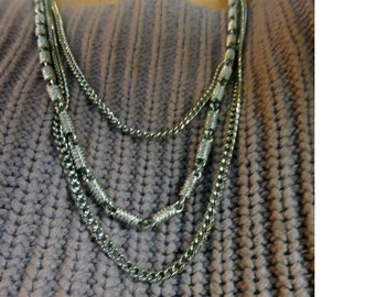 vintage Monet 1960s Collier Silver Tone 3 Strand Chunky Chain Multi Strand Long Collier Signé