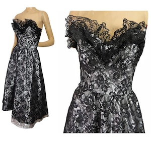 1980s Prom Black Lace and Silver Lame Party Dress Strapless Cocktail Gown image 1