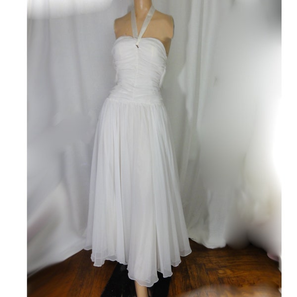 Vintage 1950s Prom Dress Wedding Gown Ballgown White Sheer Chiffon Formal Size Extra Small