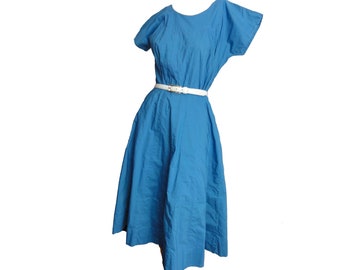 Vintage 1950s Cotton Day Dress Teal Blue Summer Picnic Short Sleeves Full Skirt Kabro of Houston