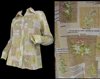 Vintage 1970s Blouse Sheer Green Novelty Print Shirt Herbs and Recipes Boho Hippie Top "Ship 'n Shore"