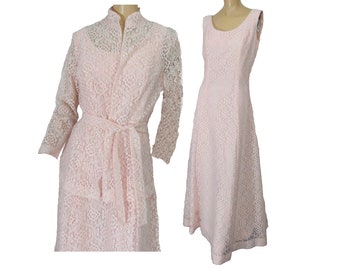 Vintage 1970s Formal Dress and Jacket Pink Lace Maxi 2 Piece Set Wedding