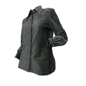 Vintage 1970s Blouse Metallic Lurex Silver and Black with Rhinestone Buttons Leslie Fay Shirt Top