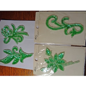 Apliques de lantejoulas verdes vintage dos anos 80 e flores com miçangas, costura, artesanato, enfeites, decoração