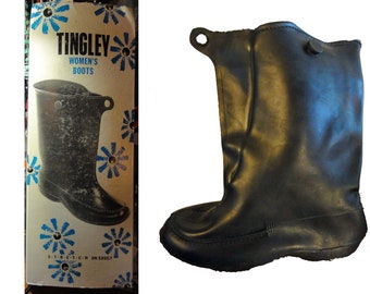 Vintage 1950s Boots Rubber Pull-on Golashes Black NOS New in Box Women's Made in USA