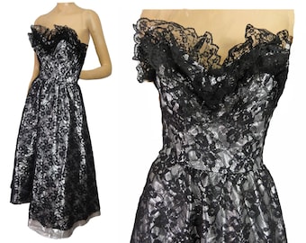 1980s Prom Black Lace and Silver Lame Party Dress Strapless Cocktail Gown