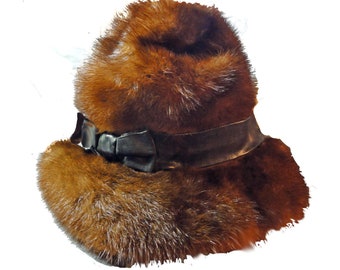 Mod Vintage 1960s Hat Dark Brown Mink Genuine Fur Leather Bow Trim Winter Hat