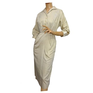 Vintage 1950s Sheath Dress Beige Cotton &quot;Natlynn&quot; Label Braid and Rhinestone Embellishment