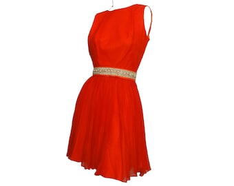 Vintage 1960s Red/Orange Cocktail Gown Full Skirt Chiffon Dress "An Original Jr. Theme"