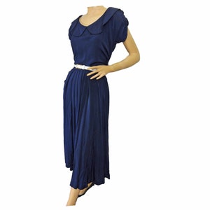 Vintage 1950s Dress Navy Blue Rayon Rhinestone Buttons Re-Go Fashion Label