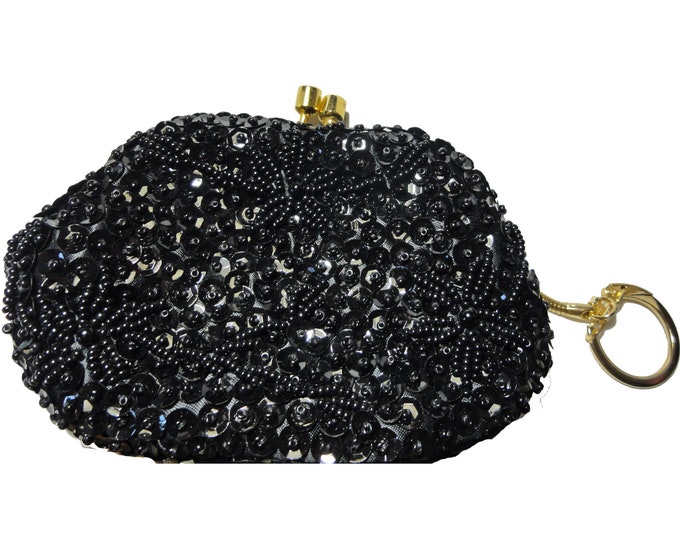 Vintage Black Beaded Coin Purse Change Purse With Key Chain Made in ...