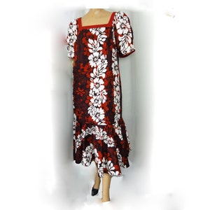 Vintage Hawaiian Midi Dress Ruffled Muumuu Rust Brown Cotton Tropical Floral Print Sun Babies