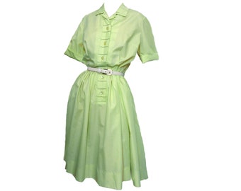 Vintage 1960s Shirtwaist Day Dress Sherbet Lime Green Cotton "Suburban Corner" Size