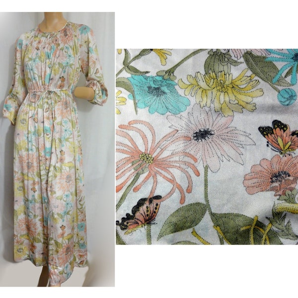 Butterfly Floral Print 1970s Vintage Robe Pastel Button Front Nylon Dressing Gown Bathrobe Vanity Fair