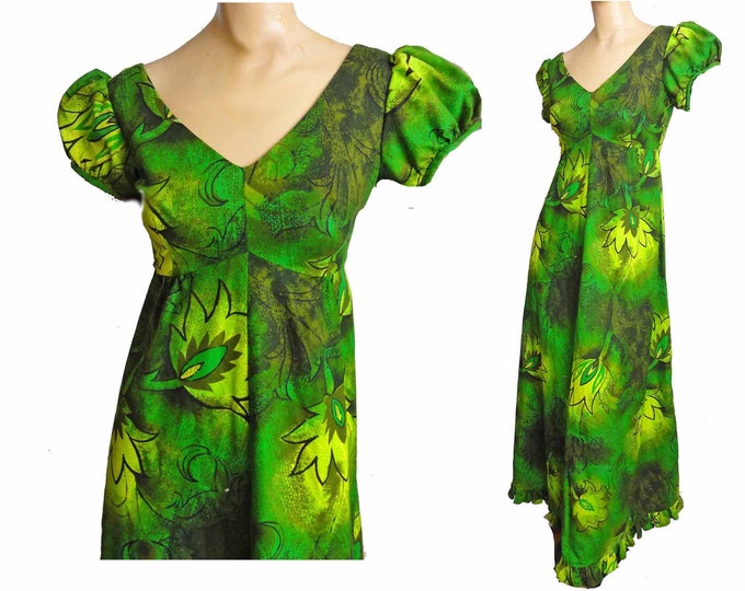 Vintage 70s Hawaiian Maxi Dress Penneys Hawaii Muu Muu Tiki Party Green ...
