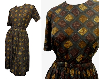 Vintage 1960s Dress Fall Colors Green Brown Gold Abstract Print Pleated Skirt Dress with Original Belt "Marta'D"