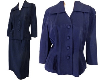 Vintage 1950s Skirt Suit Fitted Peplum Jacket /Navy Blue Rayon Faille /Wedding Suit /Film Noir