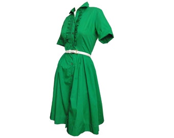 Vintage 1960s Shirtwaist Day Dress Ruffled Kelly Green Cotton "Carol Brent" Petite Short