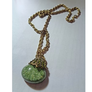 Vintage Pendant Necklace Green Oval Cabochon with Rhinestones and Goldtone Chain