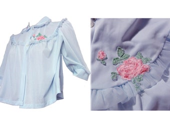 Vintage 1950s Bedjacket Baby Blue Ruffles and Rose Trim Bed Jacket "Laros"