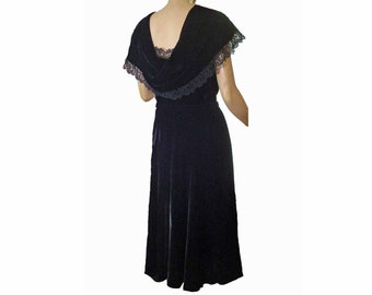 Vintage 1950s Party Dress Black Velvet and Lace Evening Frock Bertha Collar