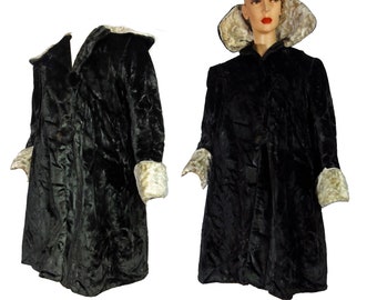 Vintage 1940s Swing Coat Black Velvet Jacket Off White Collar and Cuffs World War II Glamour