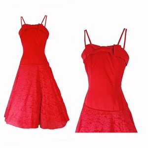 Vintage 1950s Party Dress Red Satin and Lace Rhinestones Full Skirt Prom Gown Spaghetti Straps