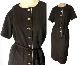 NOS Vintage 1960s-1970s Dress Brown Polyester / Brass Buttons and Belt Deadstock Size XL