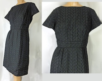 Vintage 1950s Black Lacy Sheath Dress Short Sleeve LBD "Dauphine by L'Aiglon"