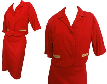 Mod 1960s Suit Red Vintage Cropped Jacket and Pencil Skirt Meg Marlowe