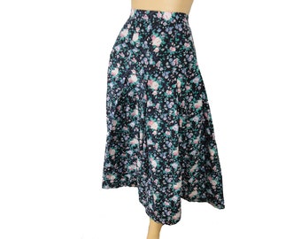Laura Ashley Vintage 1980s Skirt Black & Pink Roses Floral Print Cotton Full Skirt Made in UK Cottagecore