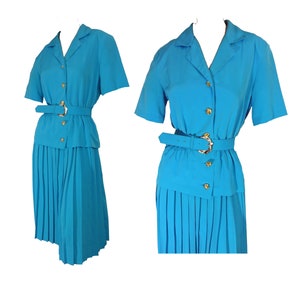 Vintage 1980s-1990s Dress Sky Blue Pleated Skirt Gold Buttons Belted &quot;Hana Sung&quot;