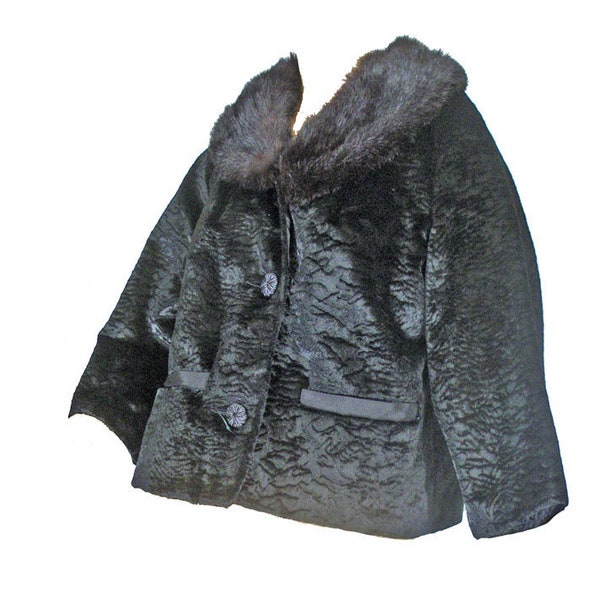 Vintage 1950s Faux Curly Lamb Black Crushed Velvet Jacket Genuine Mink Fur Collar
