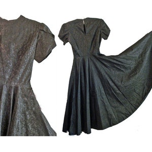 1950s Party Dress Black Cocktail Gown Full Circle Skirt Damask Rayon Extra Small