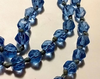 Antique 1920s Necklace Long Strand of Blue Faceted Round Transparent Glass Beads for Restringing, Crafts, Repair