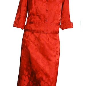 Red Silk Mod 1960s Skirt Suit Cropped Jacket with Blouse Made in Hong Kong